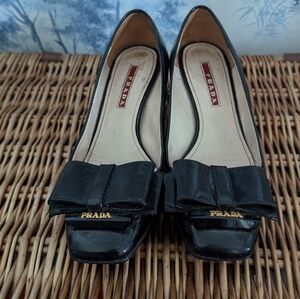 Prada Patent Leather Block Heel Pumps with Bow